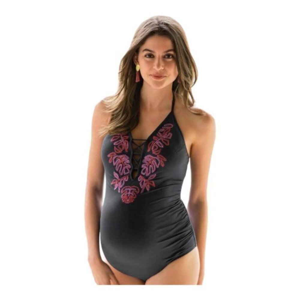Women's Black One-Piece Swimsuit with Pink Embroidery